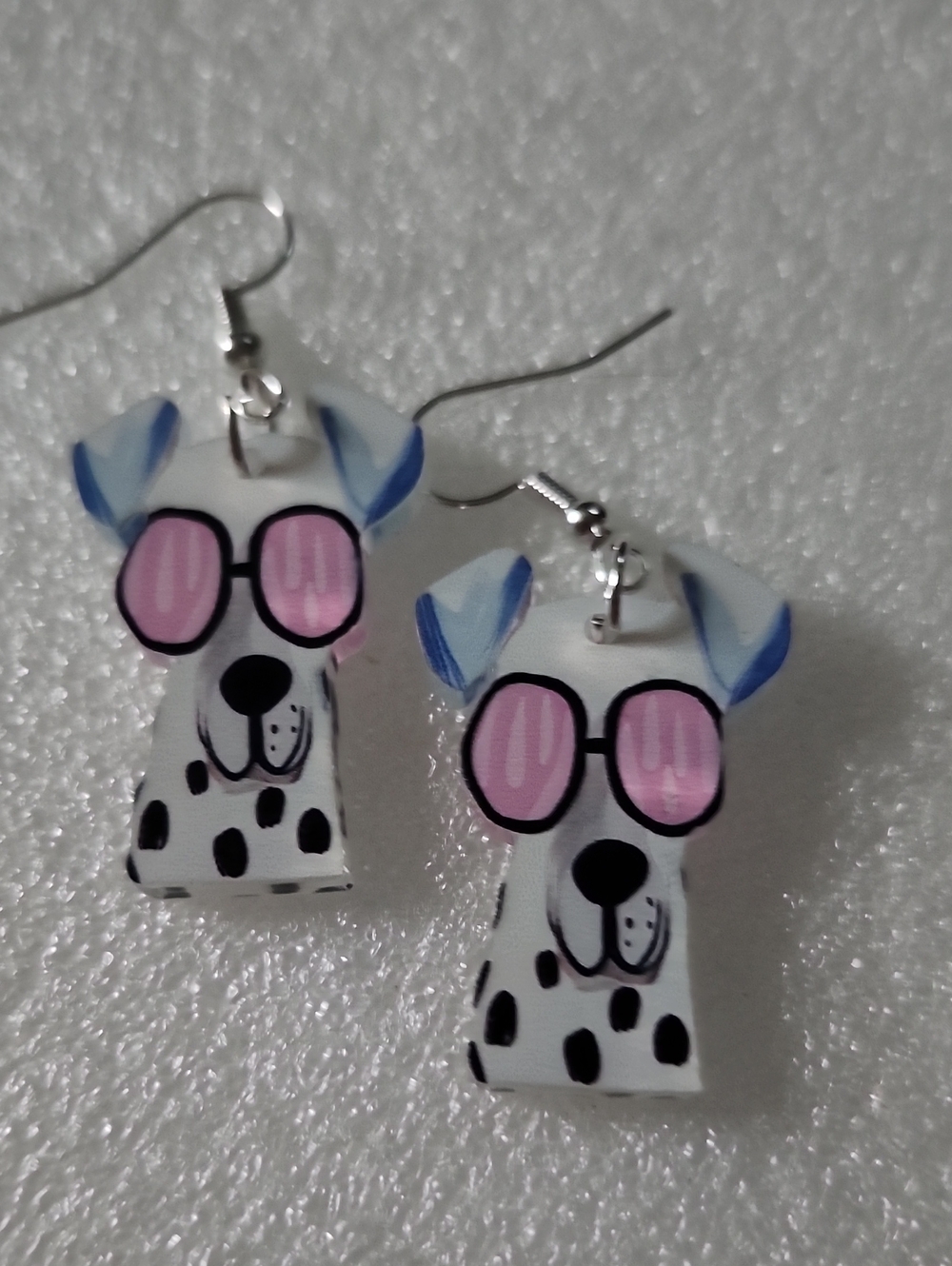 Hand Crafted Dalmatian Dog Drop Earrings with Pink Sunglasses